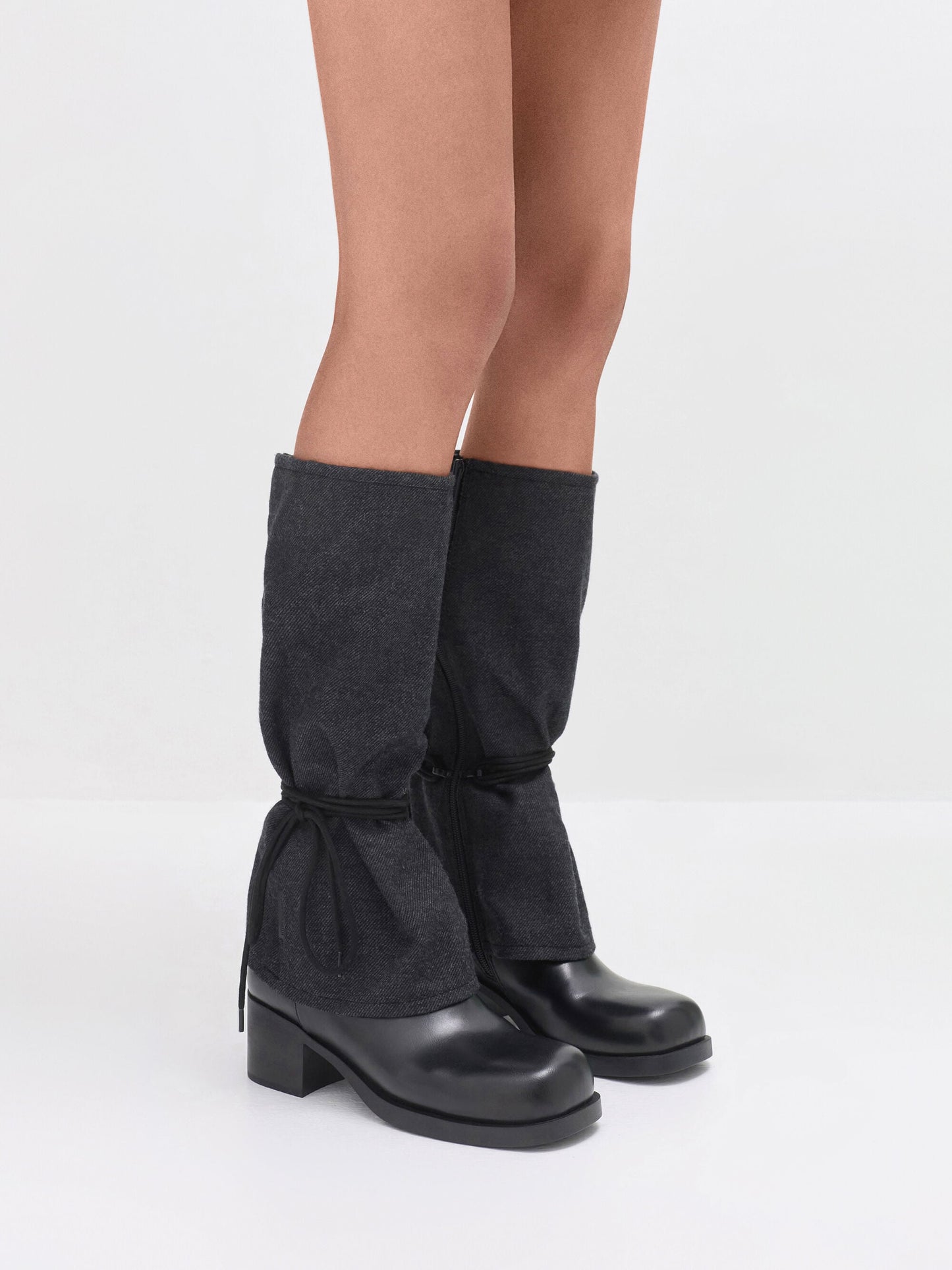 Felt Tie-Around Knee-High Boots - Dark Grey | CHARLES & KEITH
