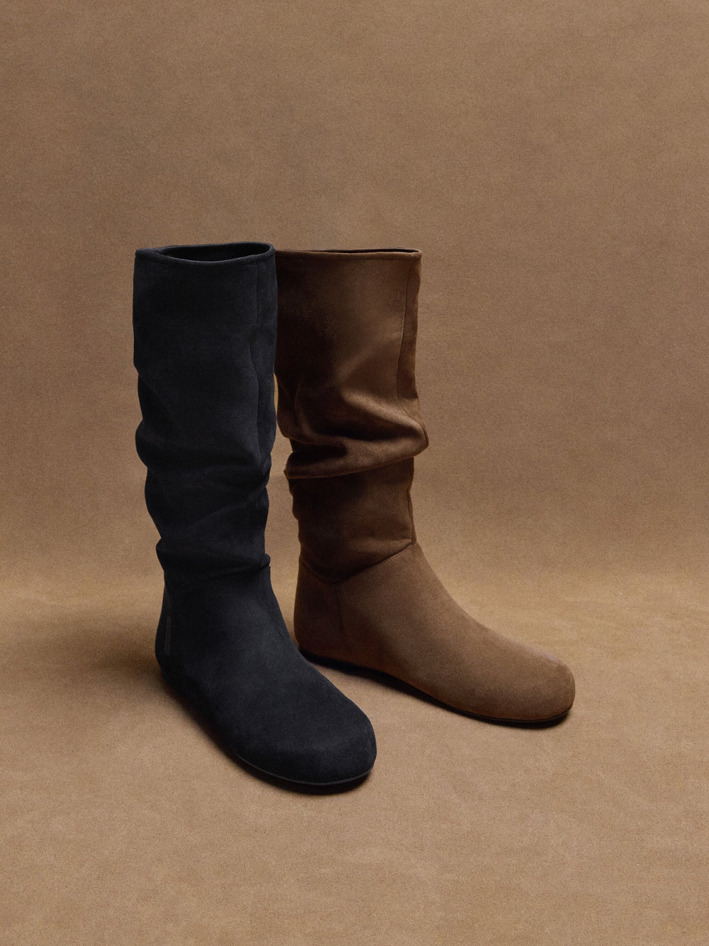 Faux Suede Ruched Knee-High Boots - Black Textured | CHARLES & KEITH