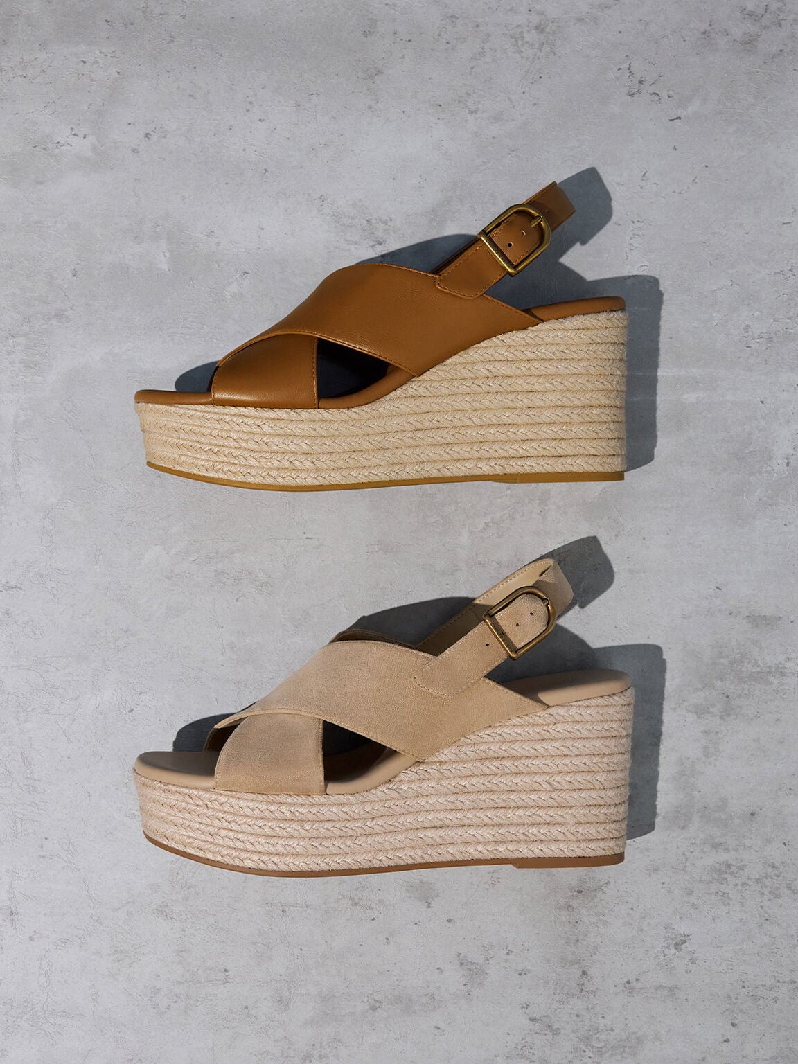 Faux Suede Crossover Espadrille Wedges - Sand | CHARLES & KEITH