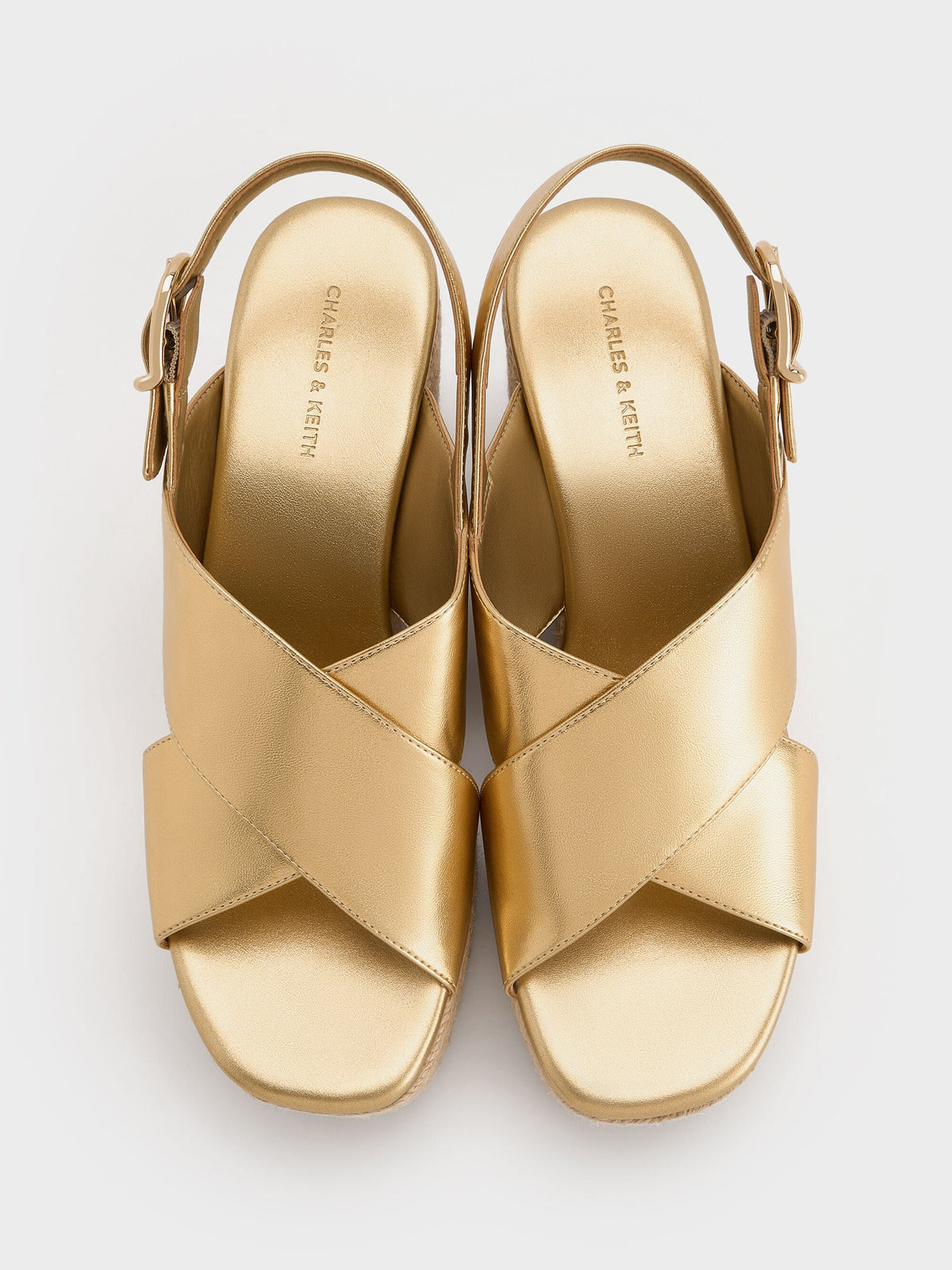 Metallic Crossover Espadrille Wedges - Gold | CHARLES & KEITH