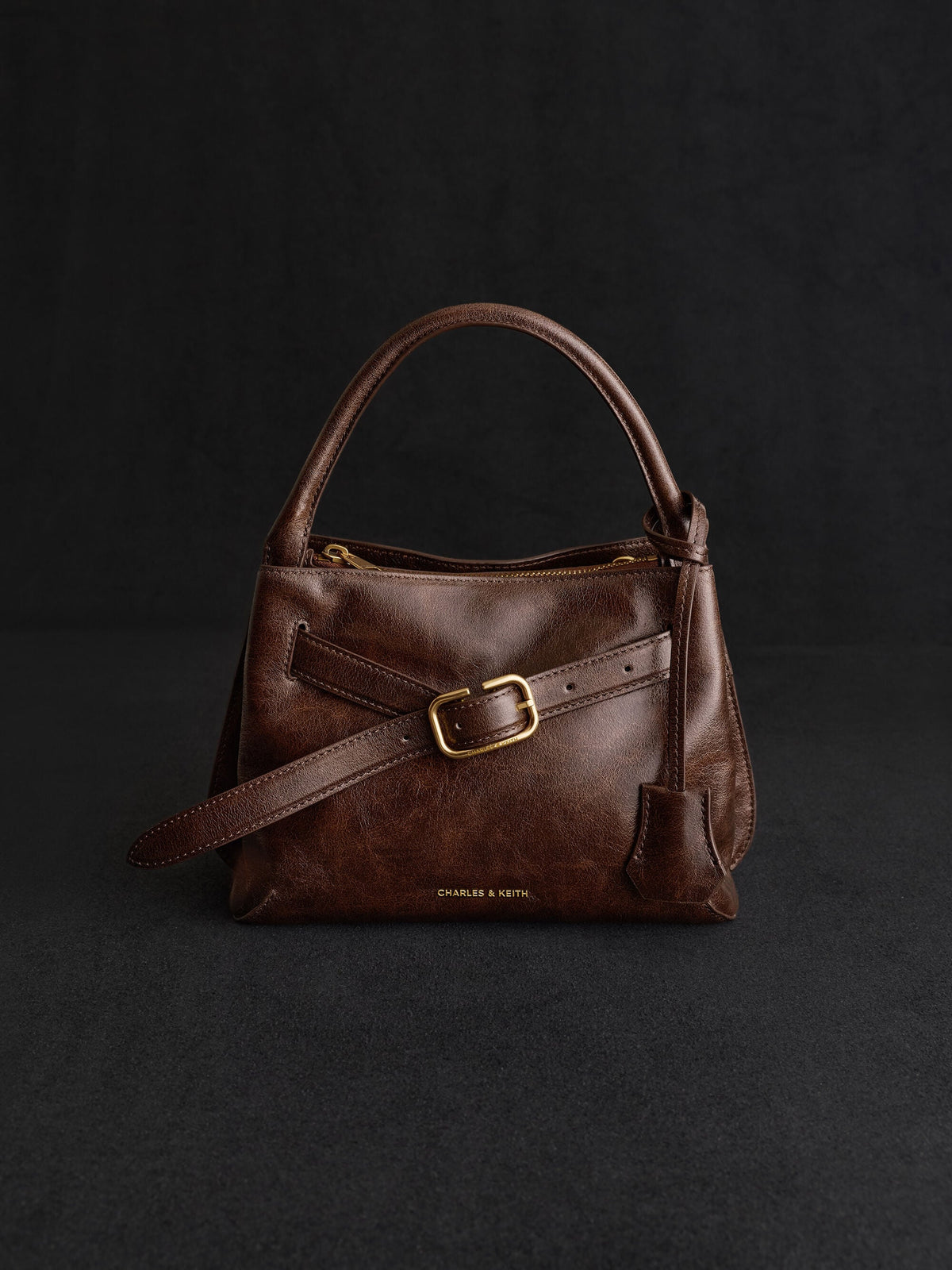 Victoria Belted Top Handle Bag - Distressed Coffee | CHARLES & KEITH