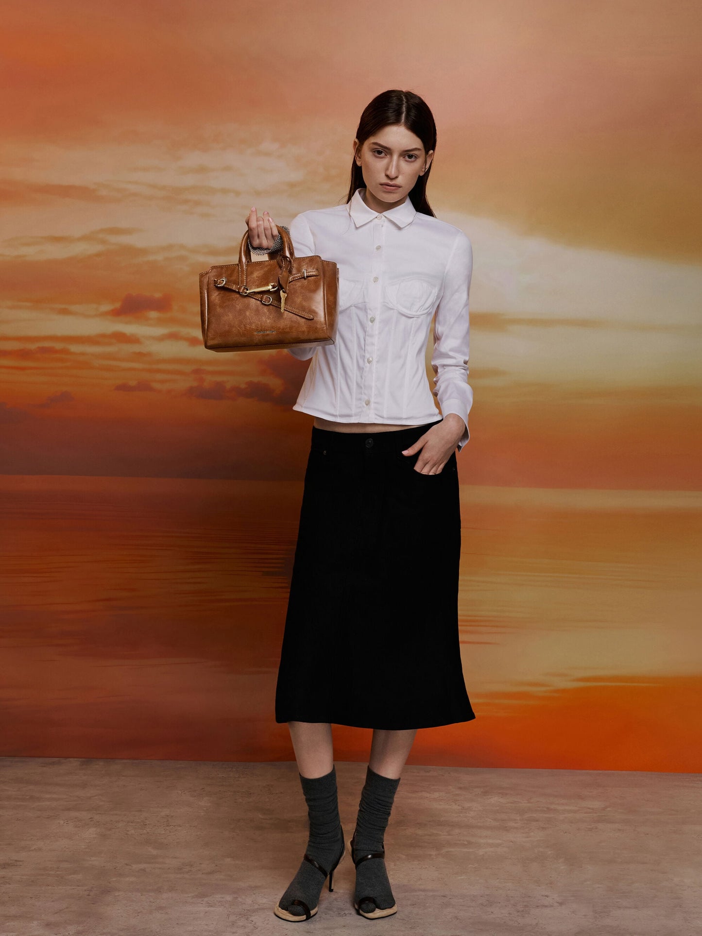 Mini Delfina Belted Tote Bag - Distressed Tan | CHARLES & KEITH