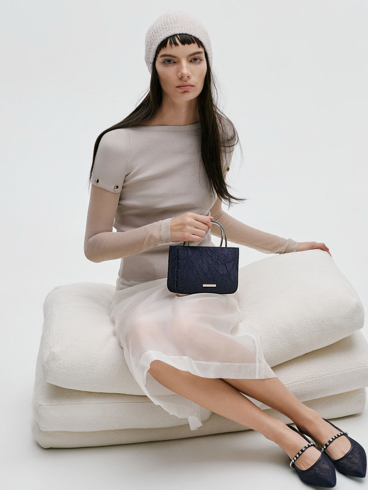 Jennis Lace & Satin Top Handle Bag - Dark Blue Textured | CHARLES & KEITH