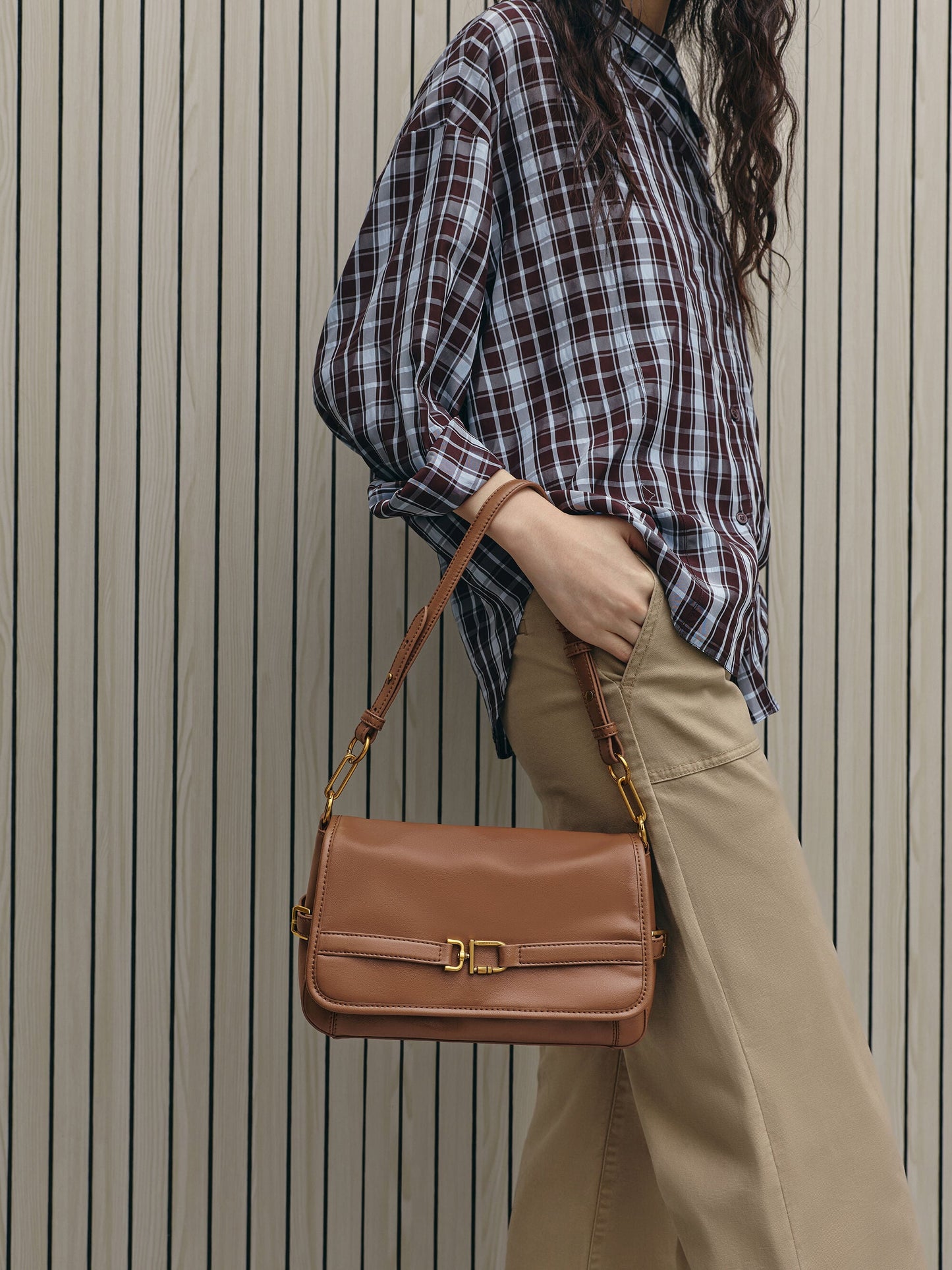 Gwynne Metallic-Buckle Belted Shoulder Bag - Chocolate | CHARLES & KEITH