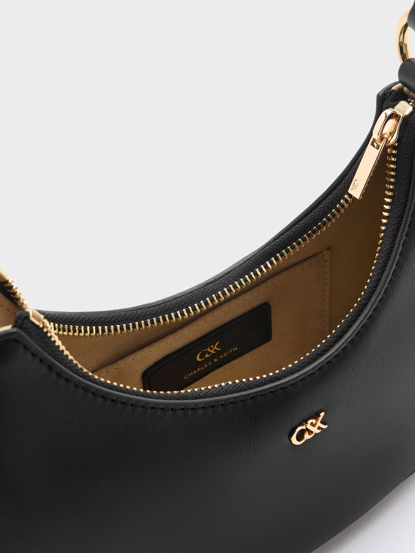 Leather Crescent Hobo Bag - Black | CHARLES & KEITH