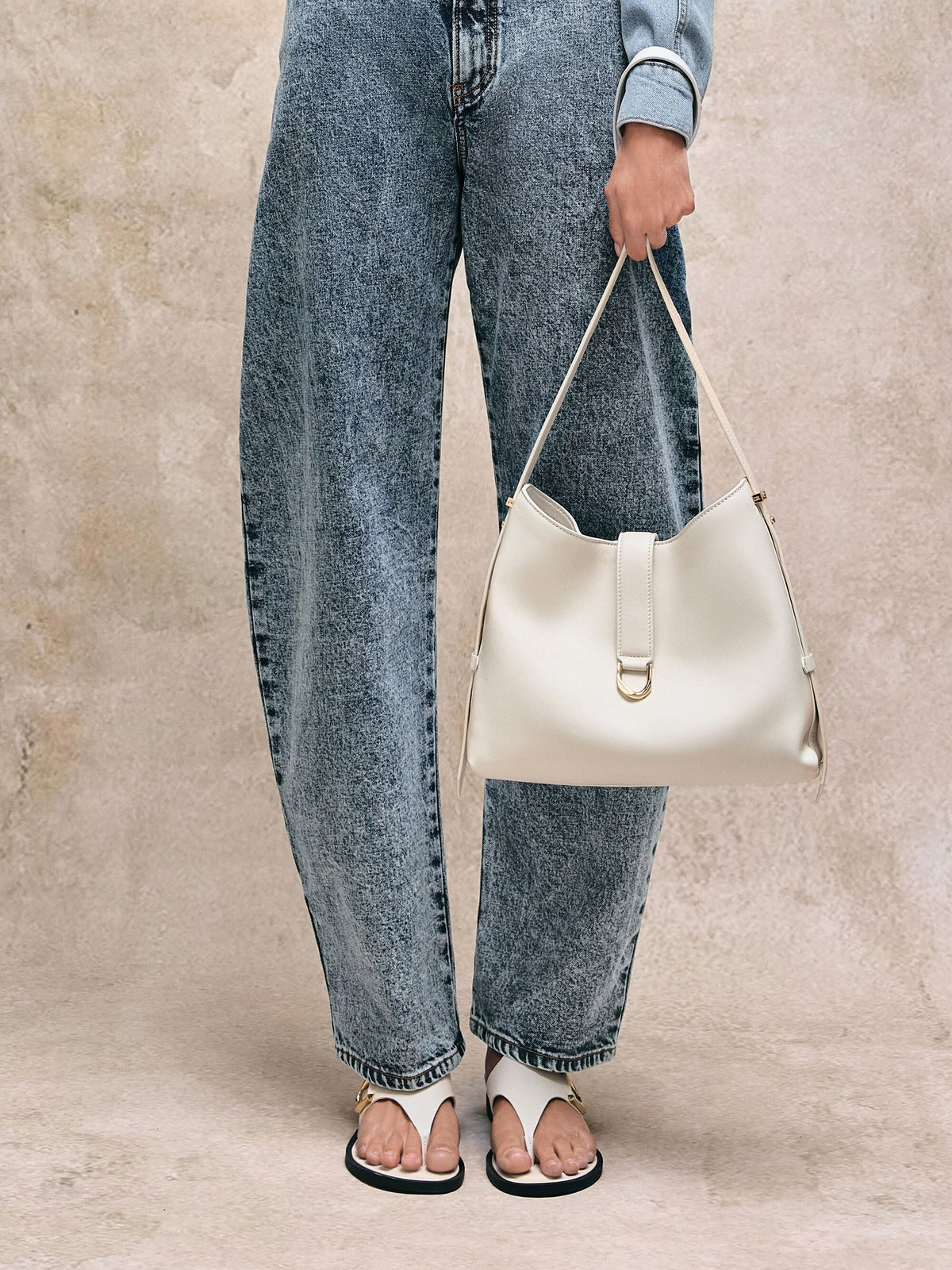 Gabine Leather Belted Hobo Bag - Eggshell Cream | CHARLES & KEITH