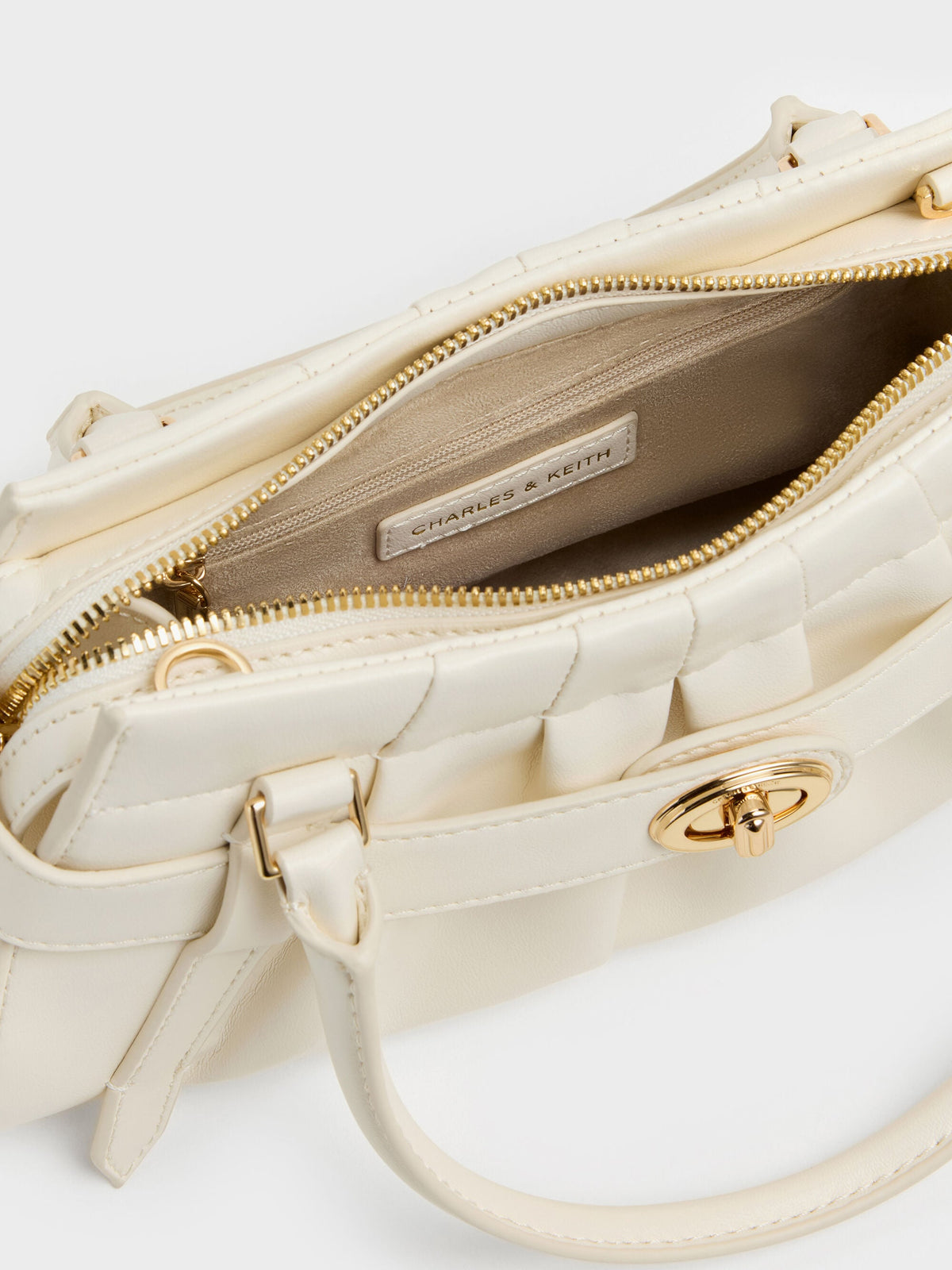 Isolde Belted Ruched Crossbody Bag - Cream | CHARLES & KEITH