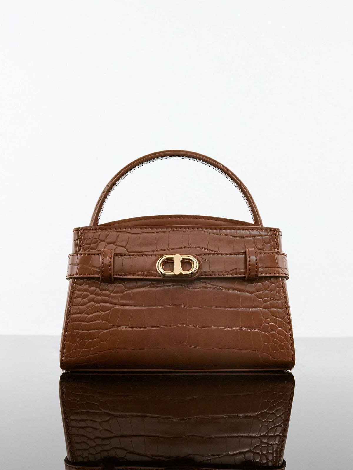 Aubrielle Croc-Effect Belted Top Handle Bag - Chocolate Croco | CHARLES & KEITH