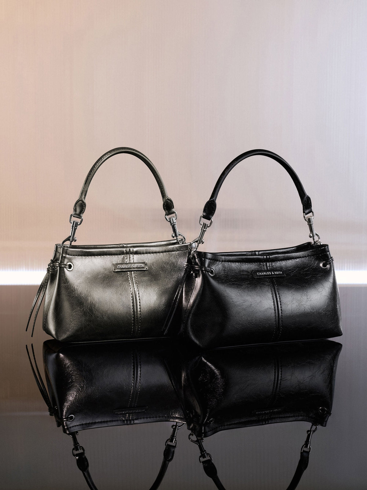 Noane Metallic Top Handle Bag - Pewter | CHARLES & KEITH