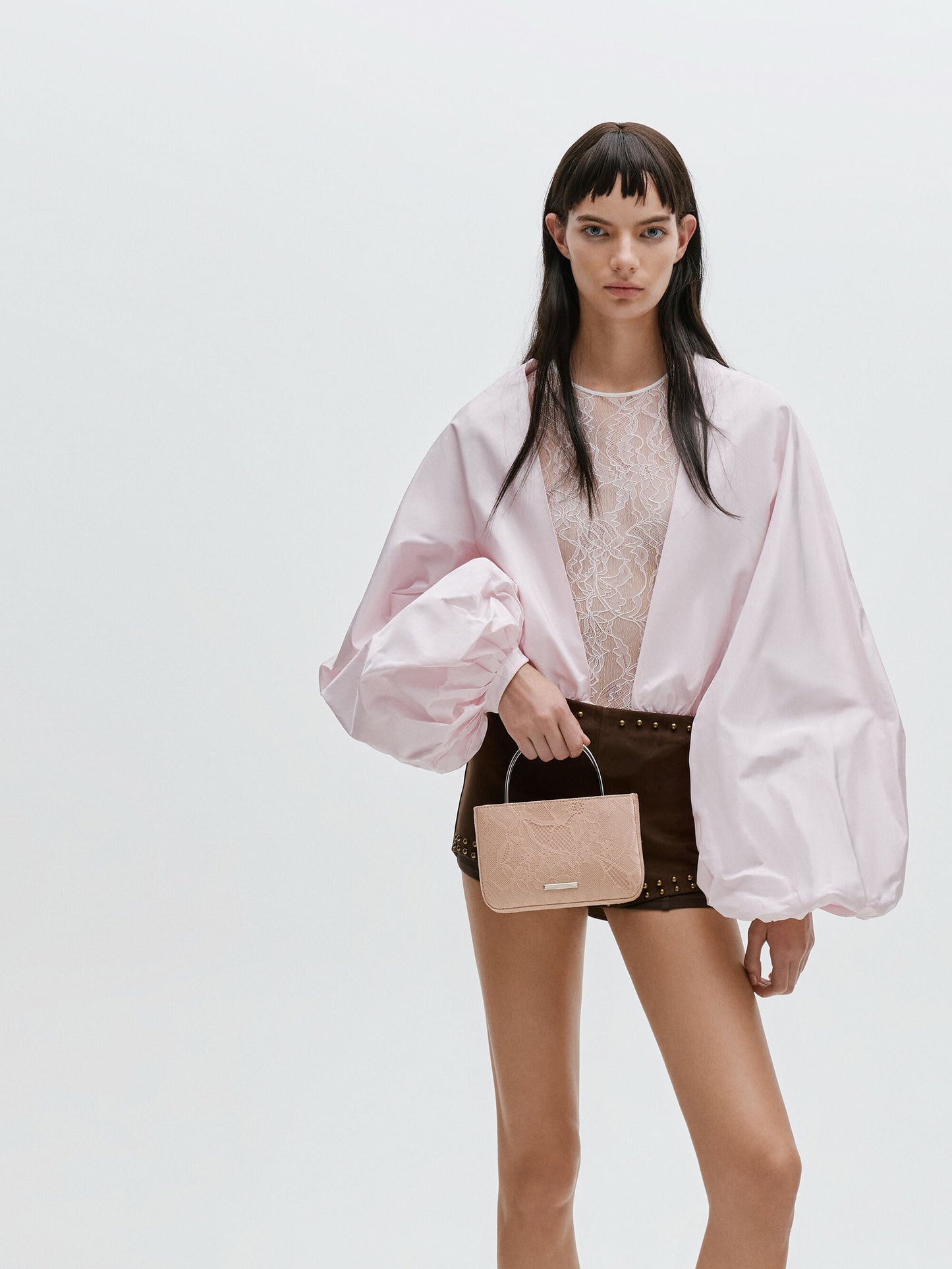 Jennis Lace & Satin Top Handle Bag - Nude Textured | CHARLES & KEITH
