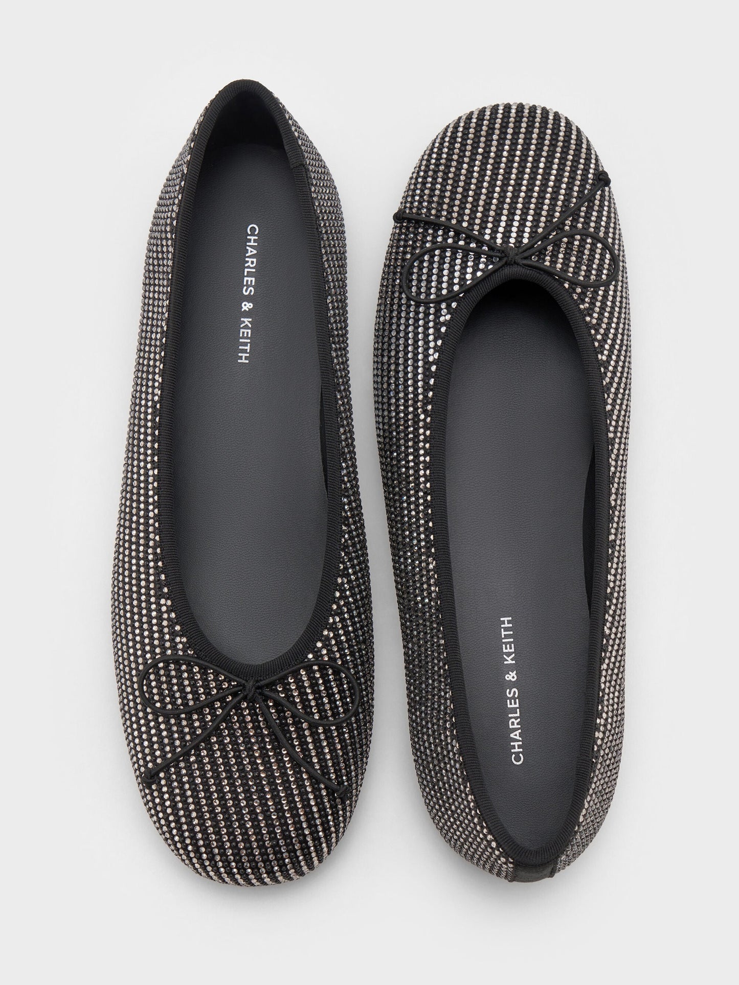 Satin Crystal Bow Ballet Flats - Black Textured | CHARLES & KEITH