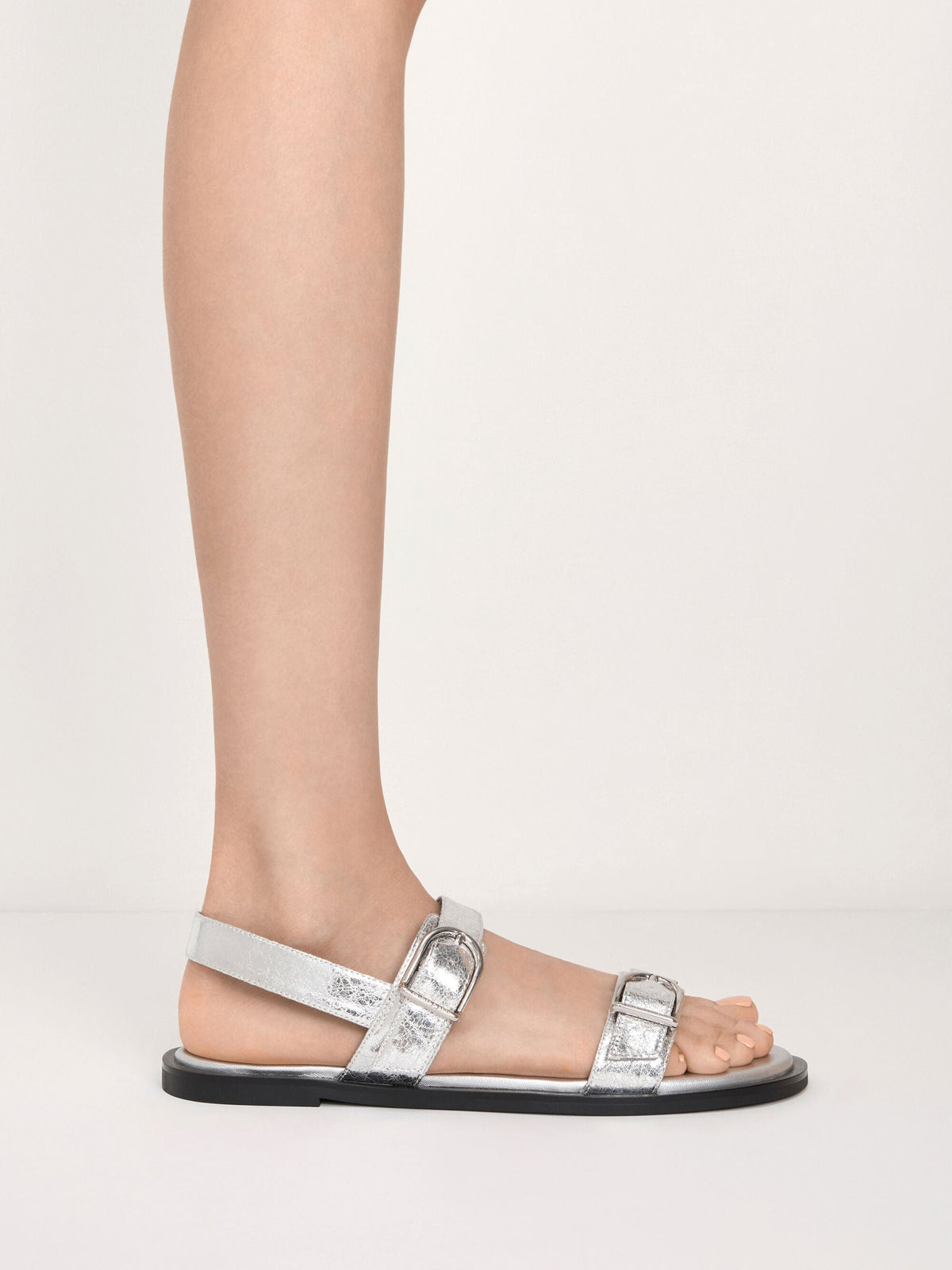 Metallic Double-Strap Slingback Sandals - Silver | CHARLES & KEITH