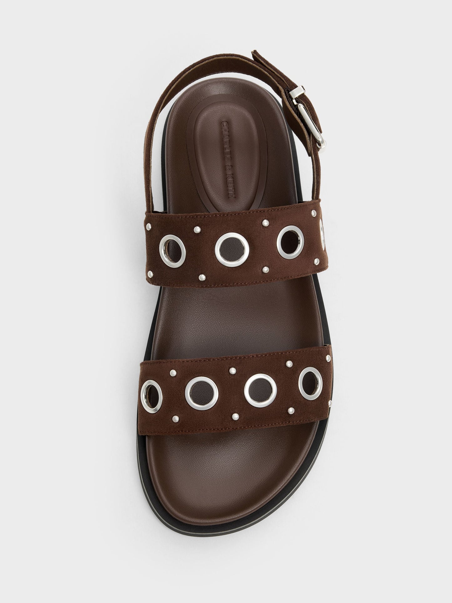 Faux Suede Grommet Slingback Sandals - Dark Brown Textured | CHARLES & KEITH