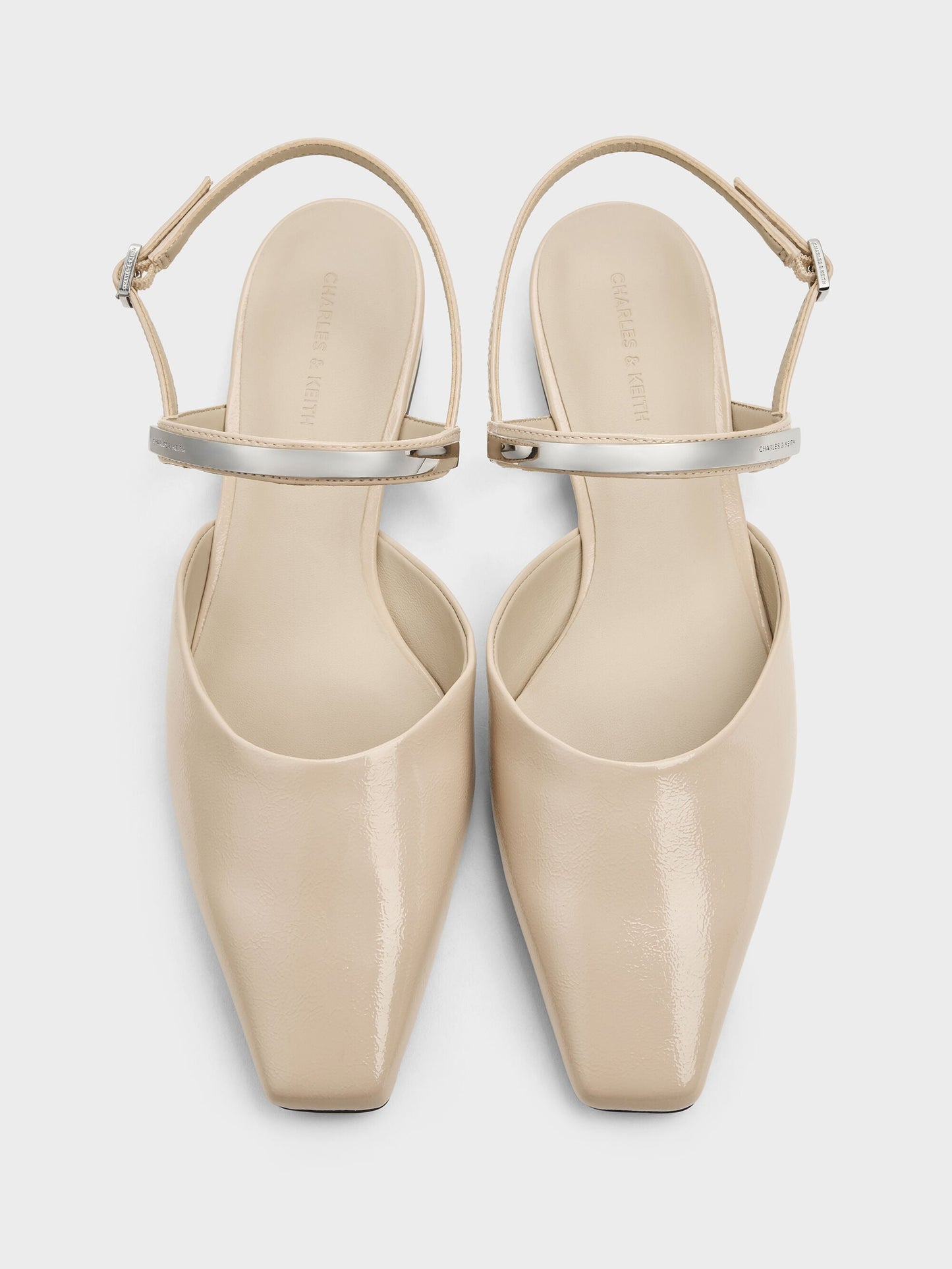 Patent Metallic-Bar Slingback Flats - Beige | CHARLES & KEITH