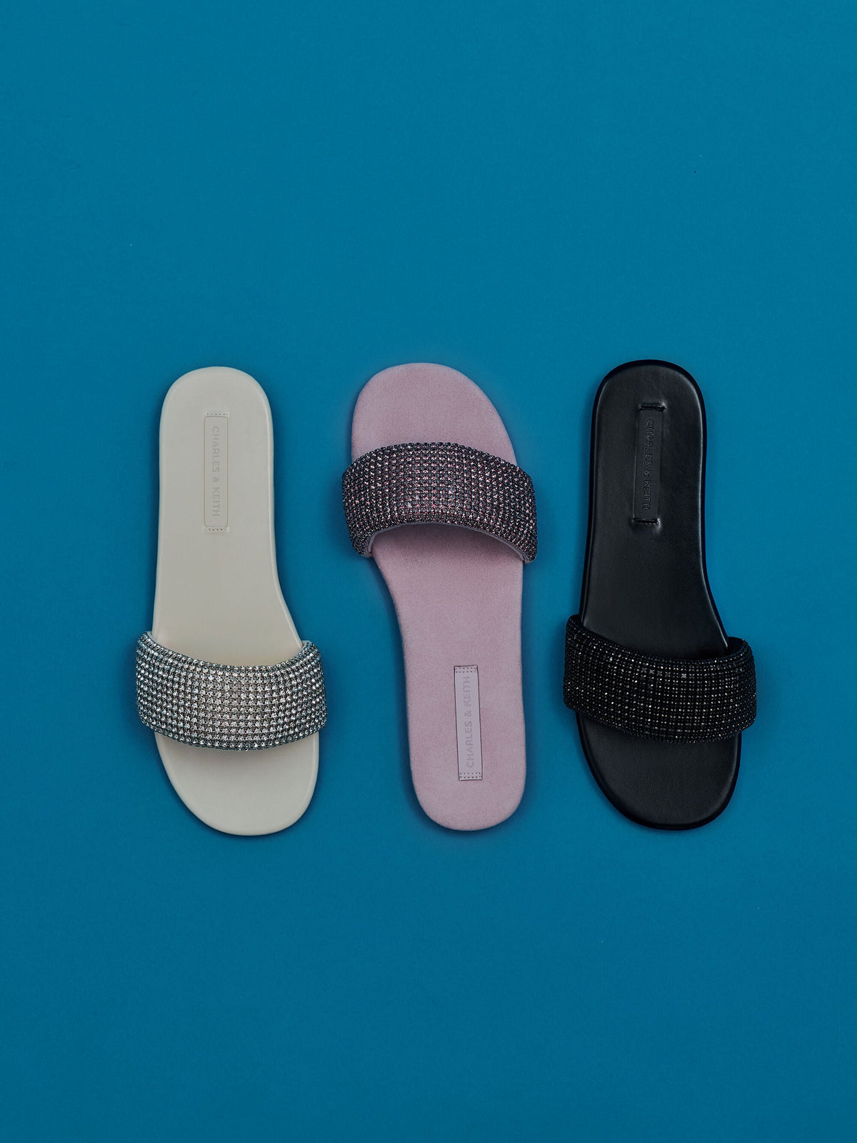 Faux Suede Crystal Slide Sandals - Black Textured | CHARLES & KEITH