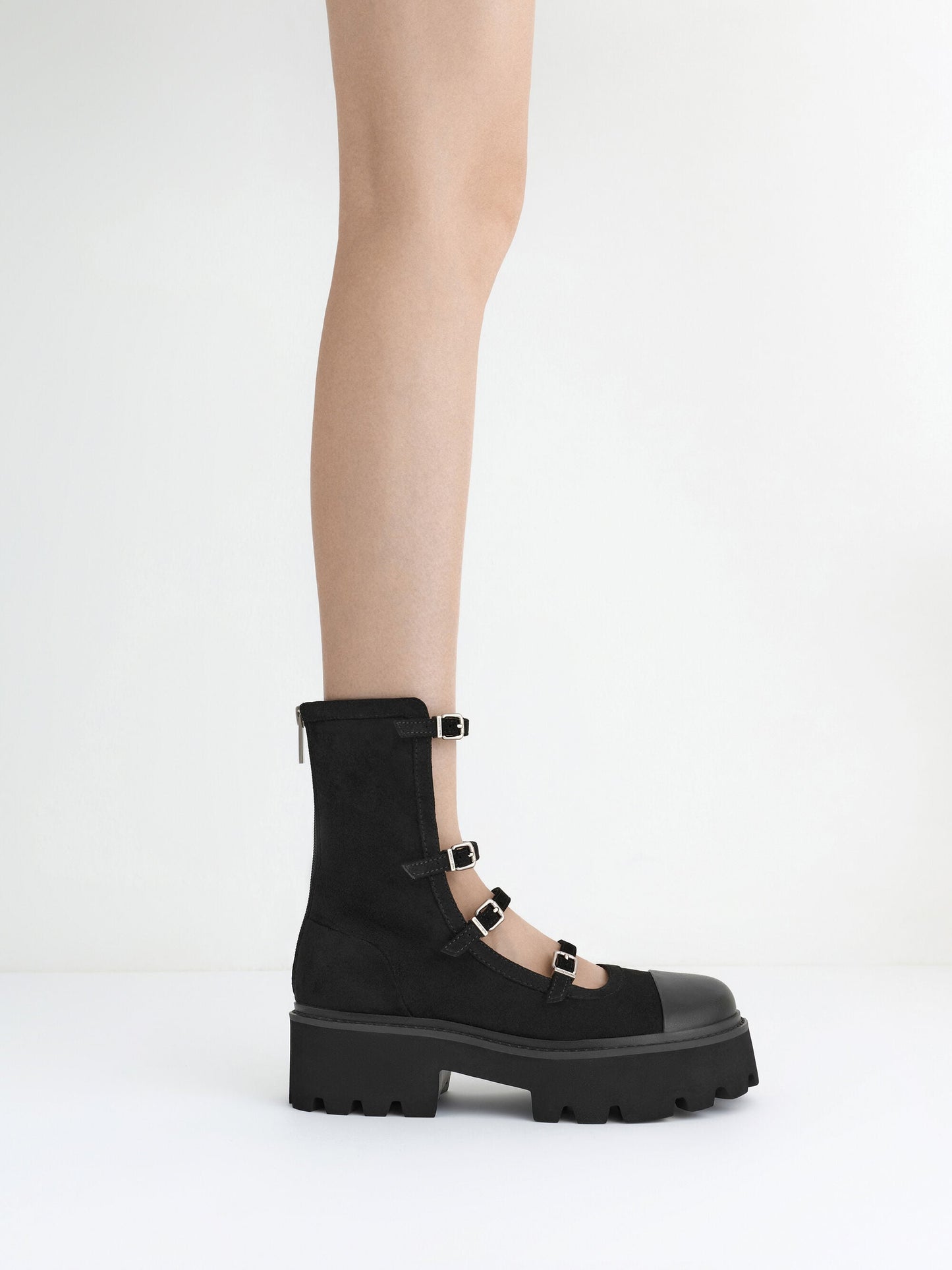 Celia Faux Suede Multi-Strap Calf Boots - Black Textured | CHARLES & KEITH