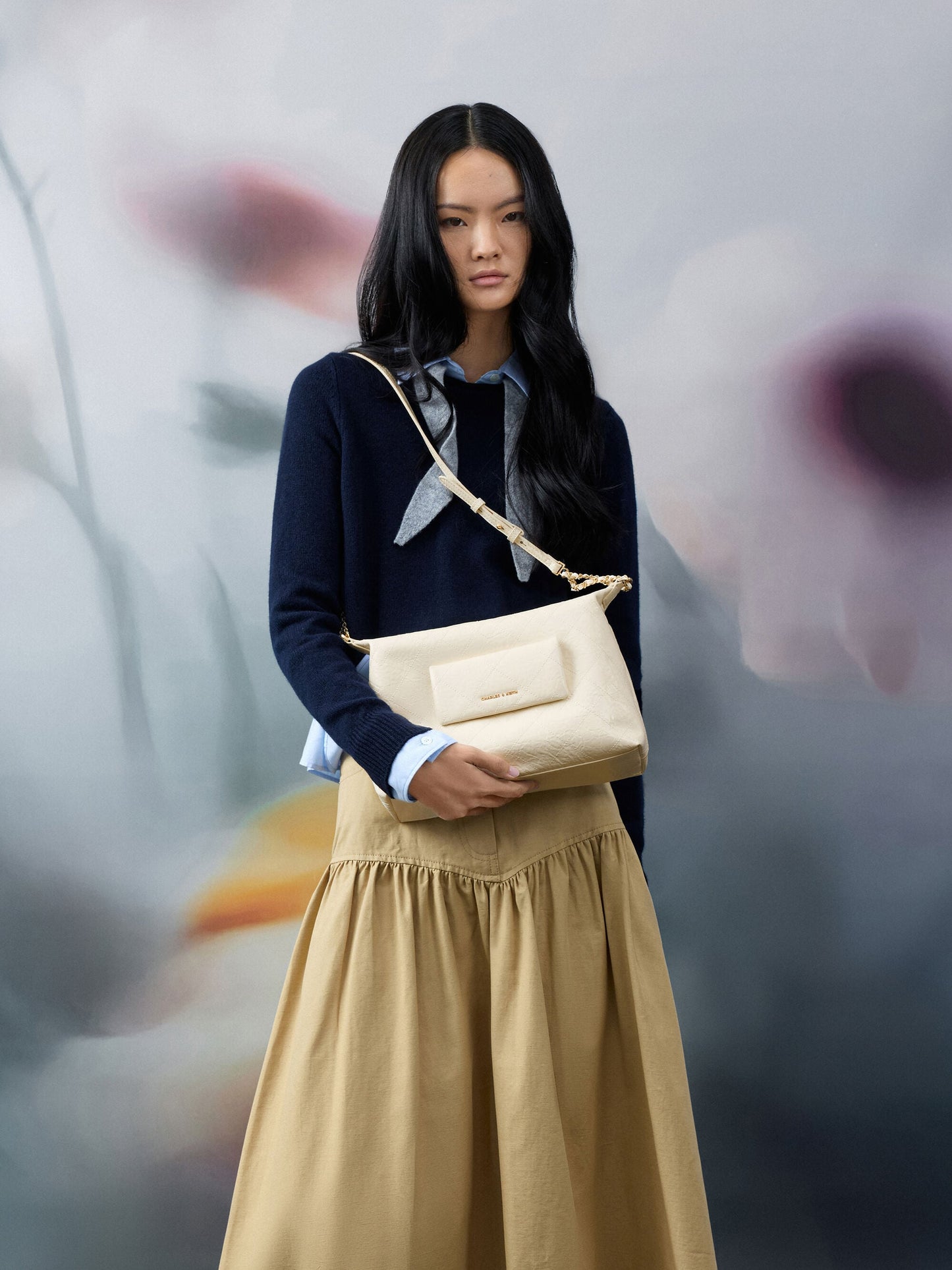 Duo Quilted Front-Pocket Hobo Bag - Cream | CHARLES & KEITH