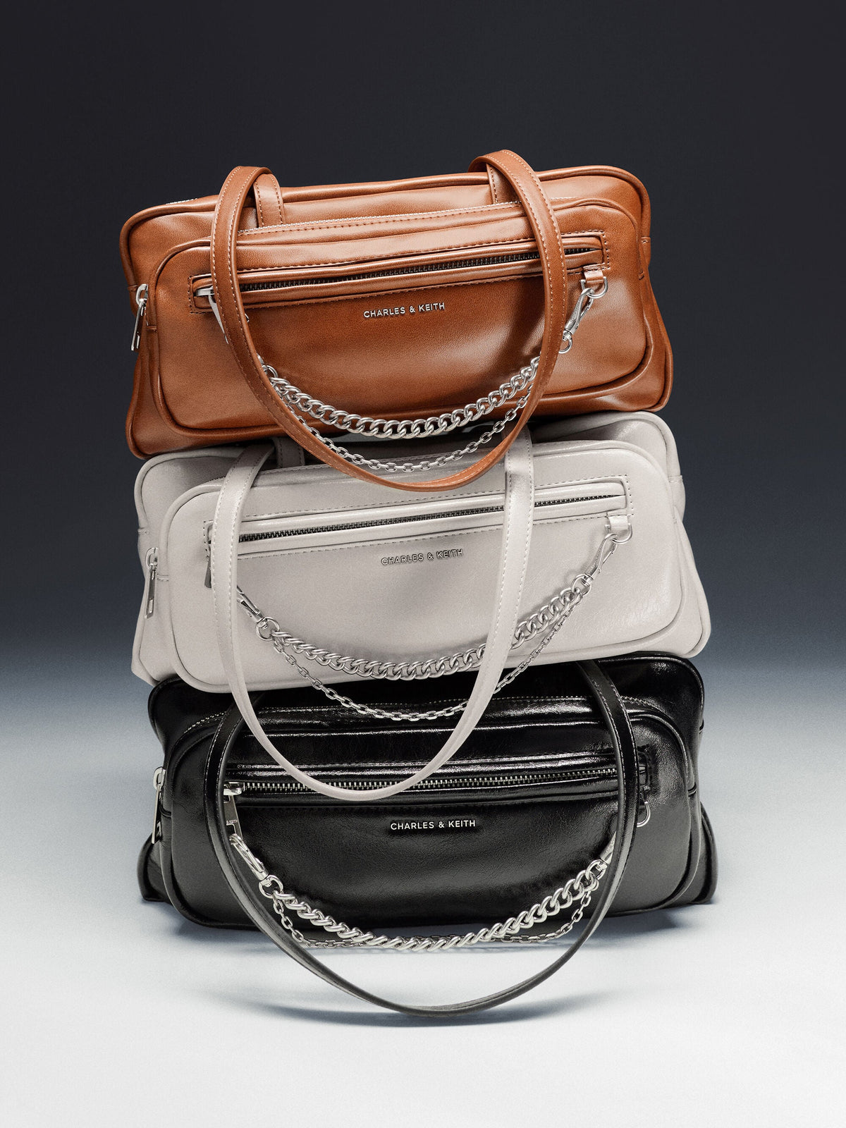 Atwood Chain Elongated Shoulder Bag - Distressed Tan | CHARLES & KEITH