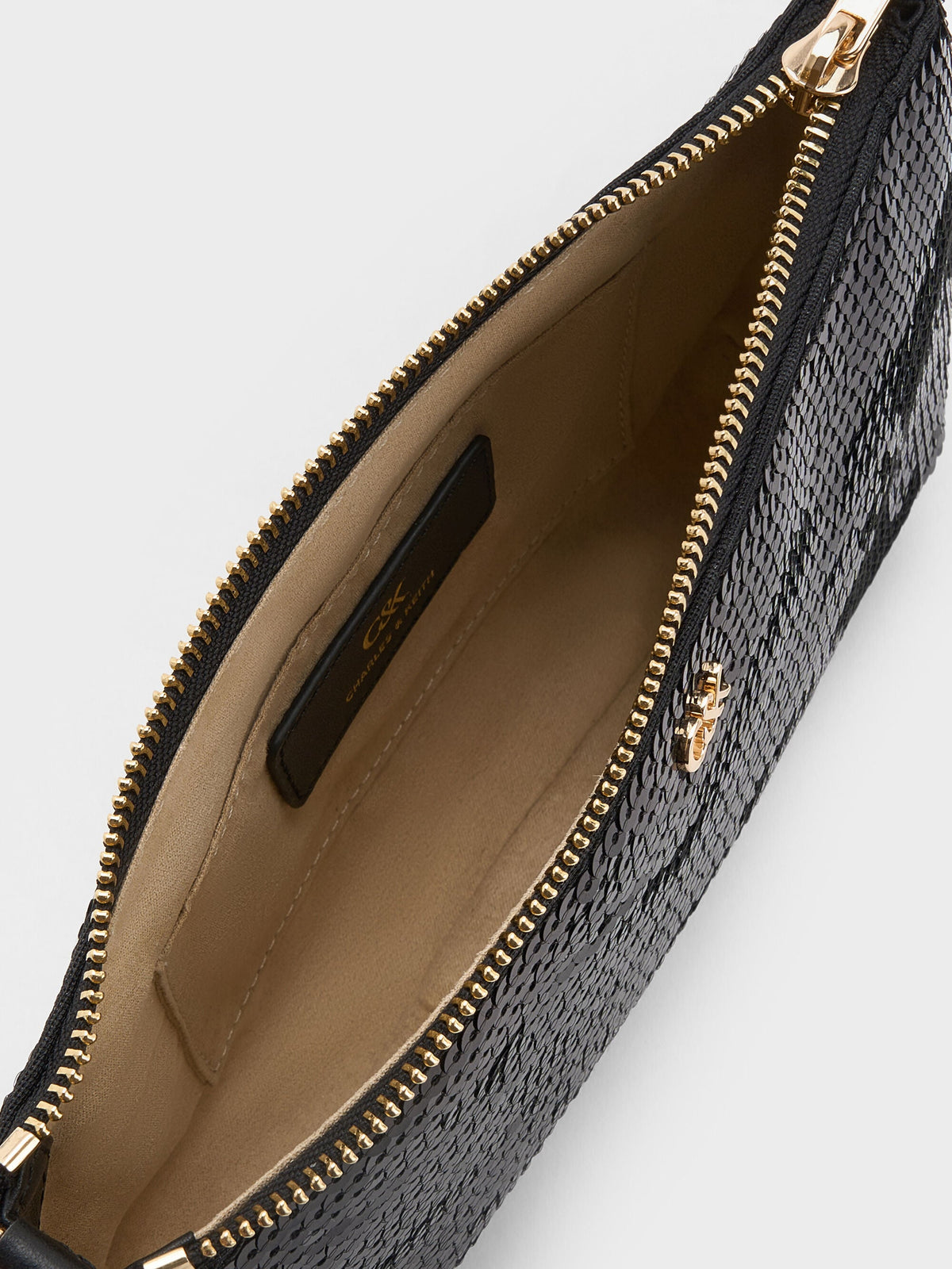 Sequin Mesh & Leather Shoulder Bag - Black | CHARLES & KEITH