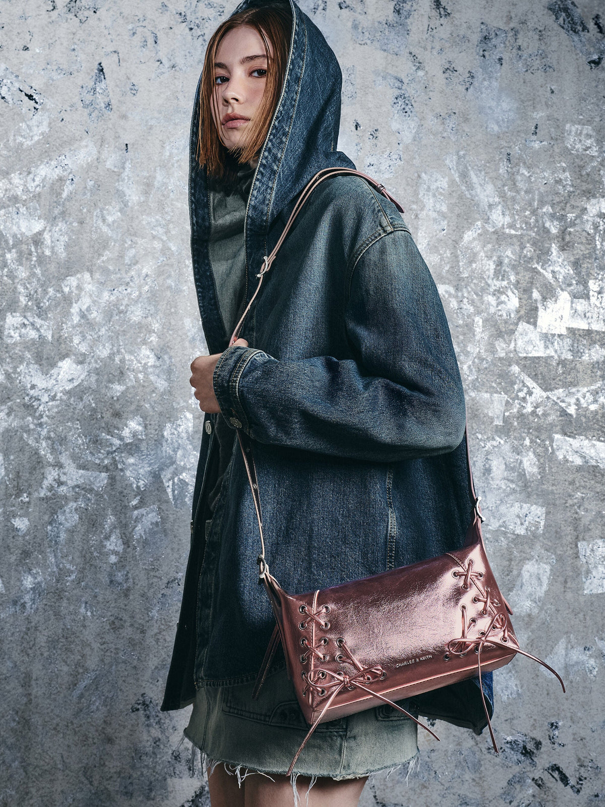 Xylia Metallic Grommet Lace-Up Shoulder Bag - Aura Pink | CHARLES & KEITH