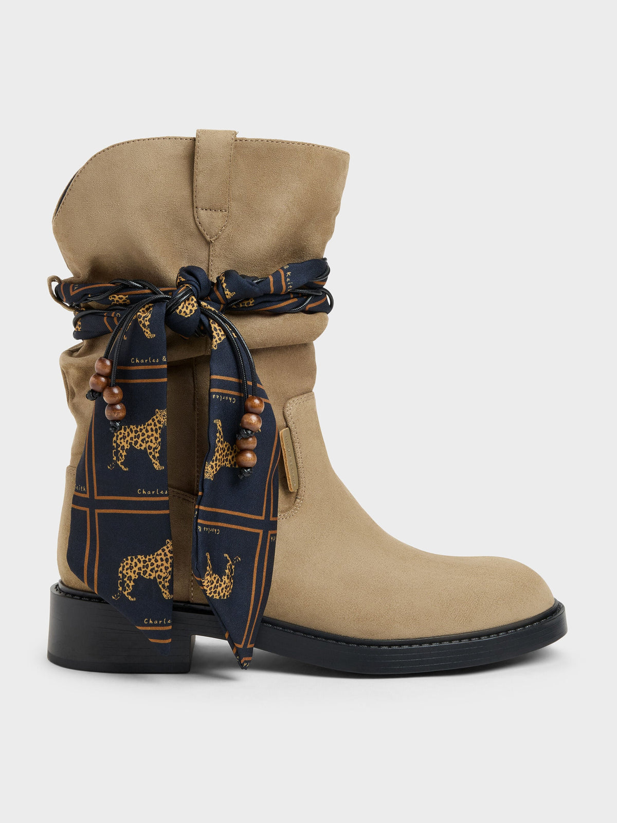 Faux Suede Printed-Scarf Calf Boots - Khaki | CHARLES & KEITH