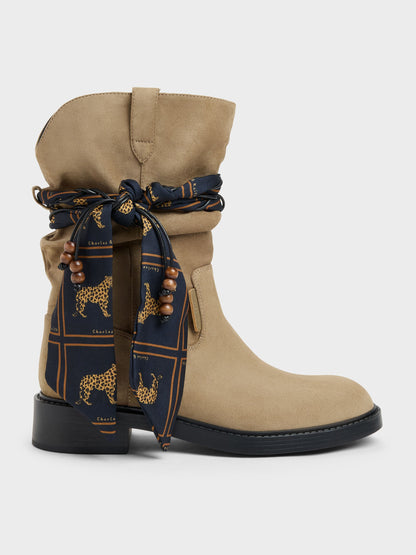 Faux Suede Printed-Scarf Calf Boots - Khaki | CHARLES & KEITH