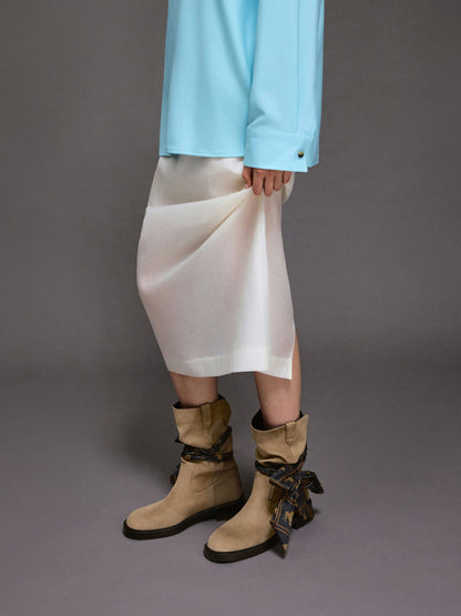 Faux Suede Printed-Scarf Calf Boots - Khaki | CHARLES & KEITH