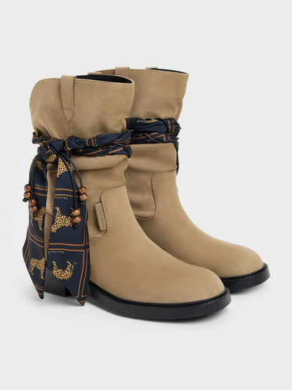Faux Suede Printed-Scarf Calf Boots - Khaki | CHARLES & KEITH