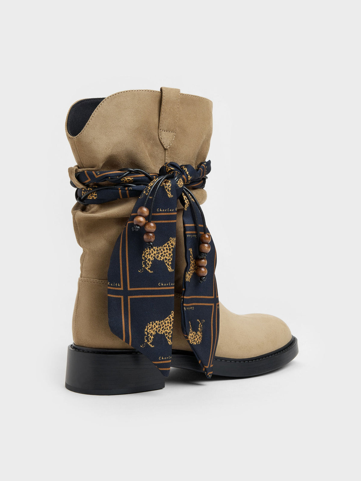 Faux Suede Printed-Scarf Calf Boots - Khaki | CHARLES & KEITH