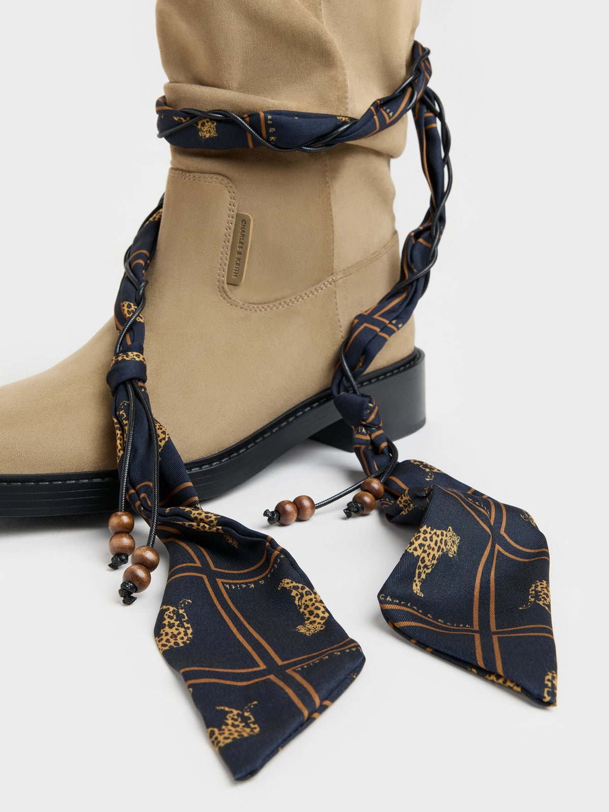 Faux Suede Printed-Scarf Calf Boots - Khaki | CHARLES & KEITH