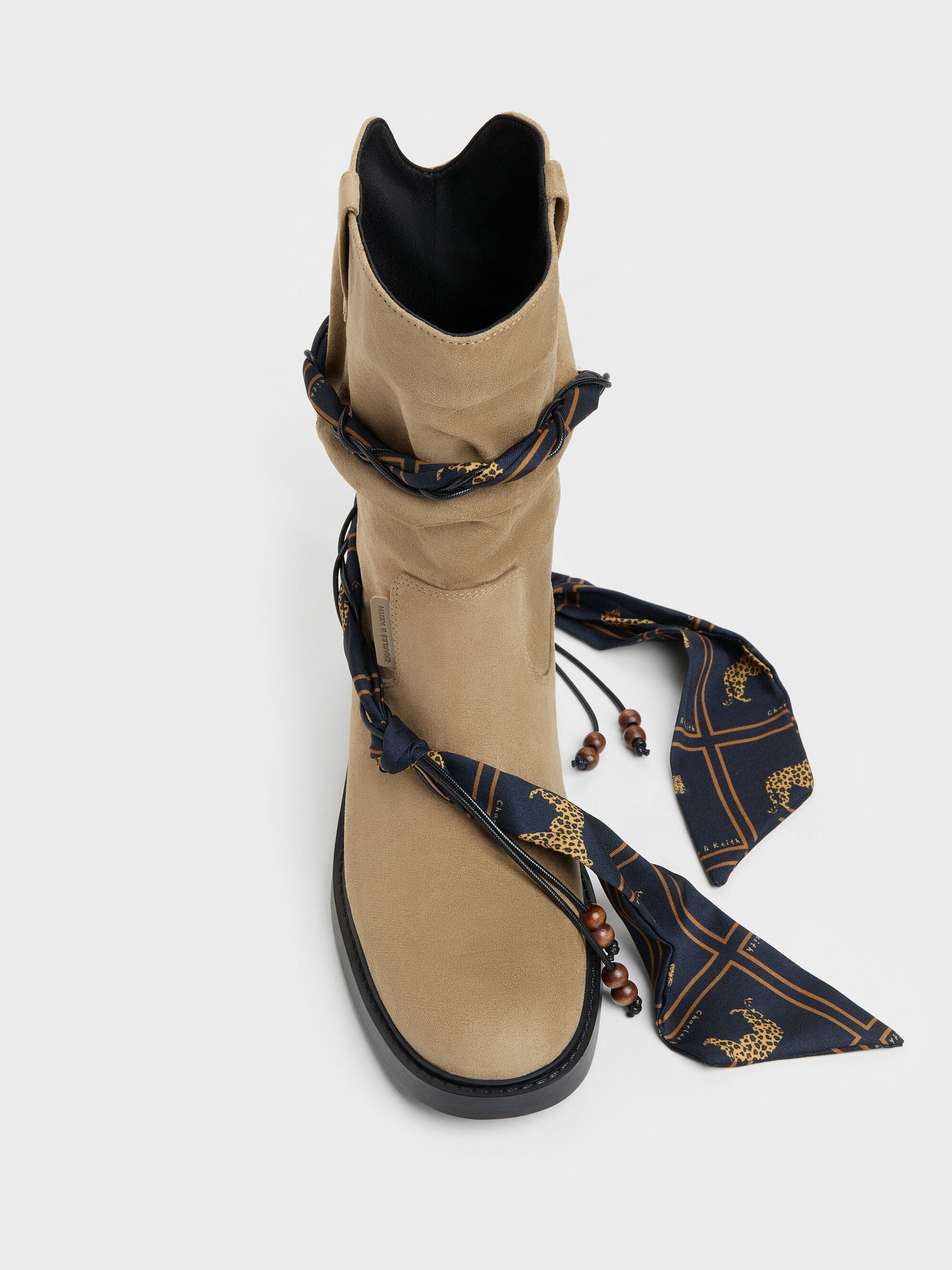 Faux Suede Printed-Scarf Calf Boots - Khaki | CHARLES & KEITH