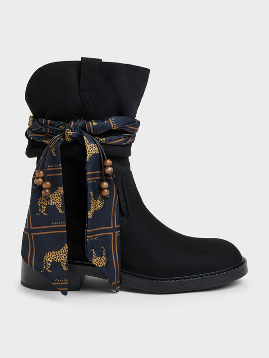 Faux Suede Printed-Scarf Calf Boots - Black Textured | CHARLES & KEITH