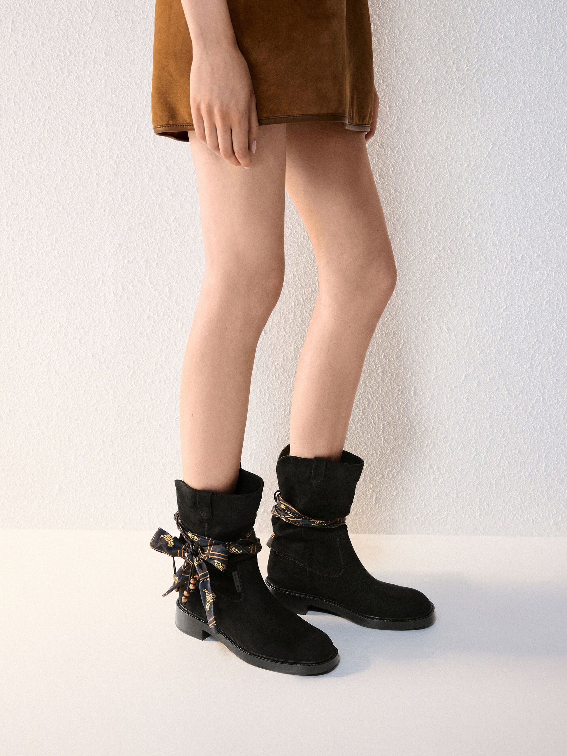 Faux Suede Printed-Scarf Calf Boots - Black Textured | CHARLES & KEITH