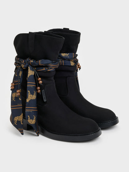 Faux Suede Printed-Scarf Calf Boots - Black Textured | CHARLES & KEITH