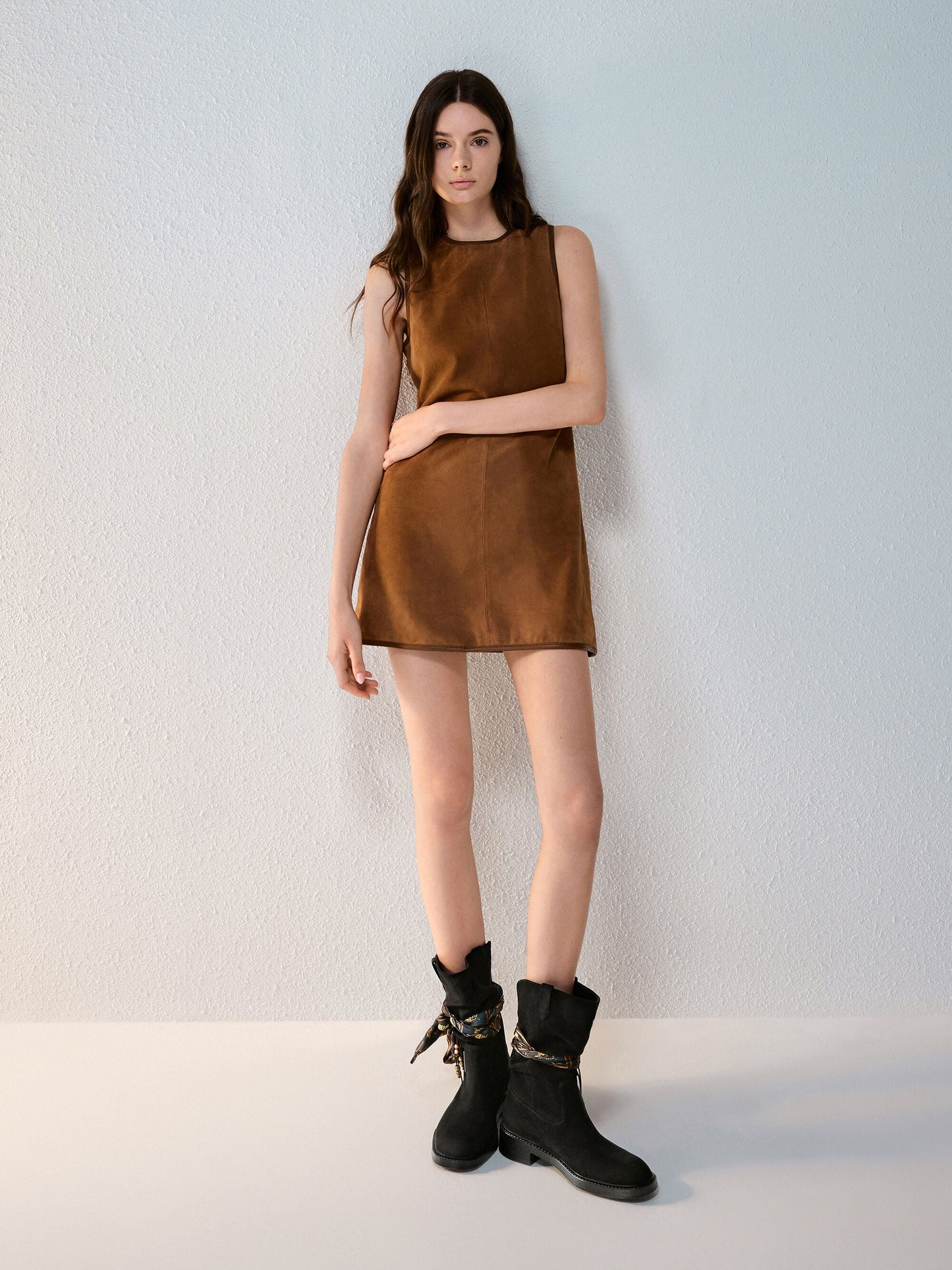 Faux Suede Printed-Scarf Calf Boots - Black Textured | CHARLES & KEITH