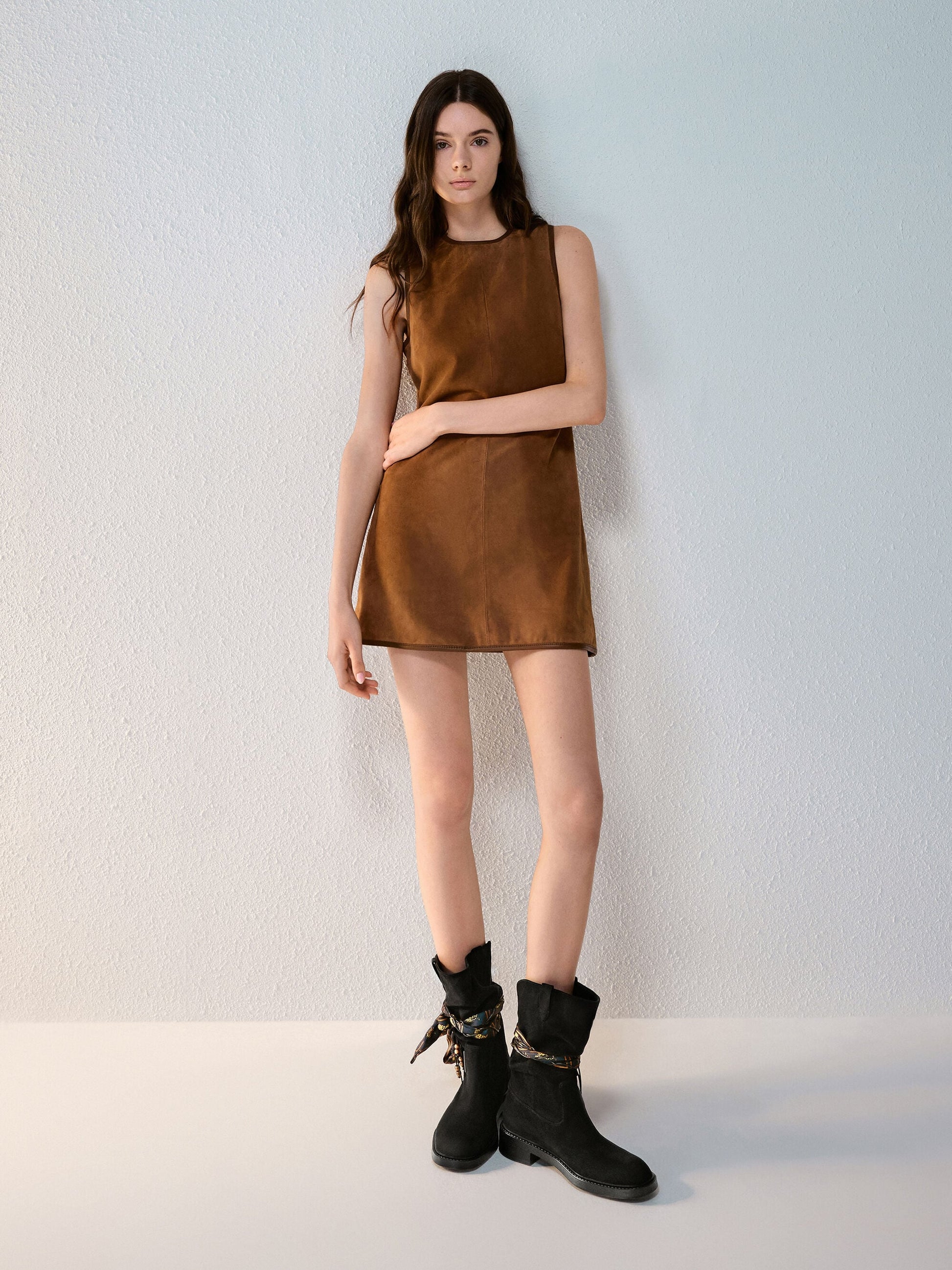Faux Suede Printed-Scarf Calf Boots - Black Textured | CHARLES & KEITH