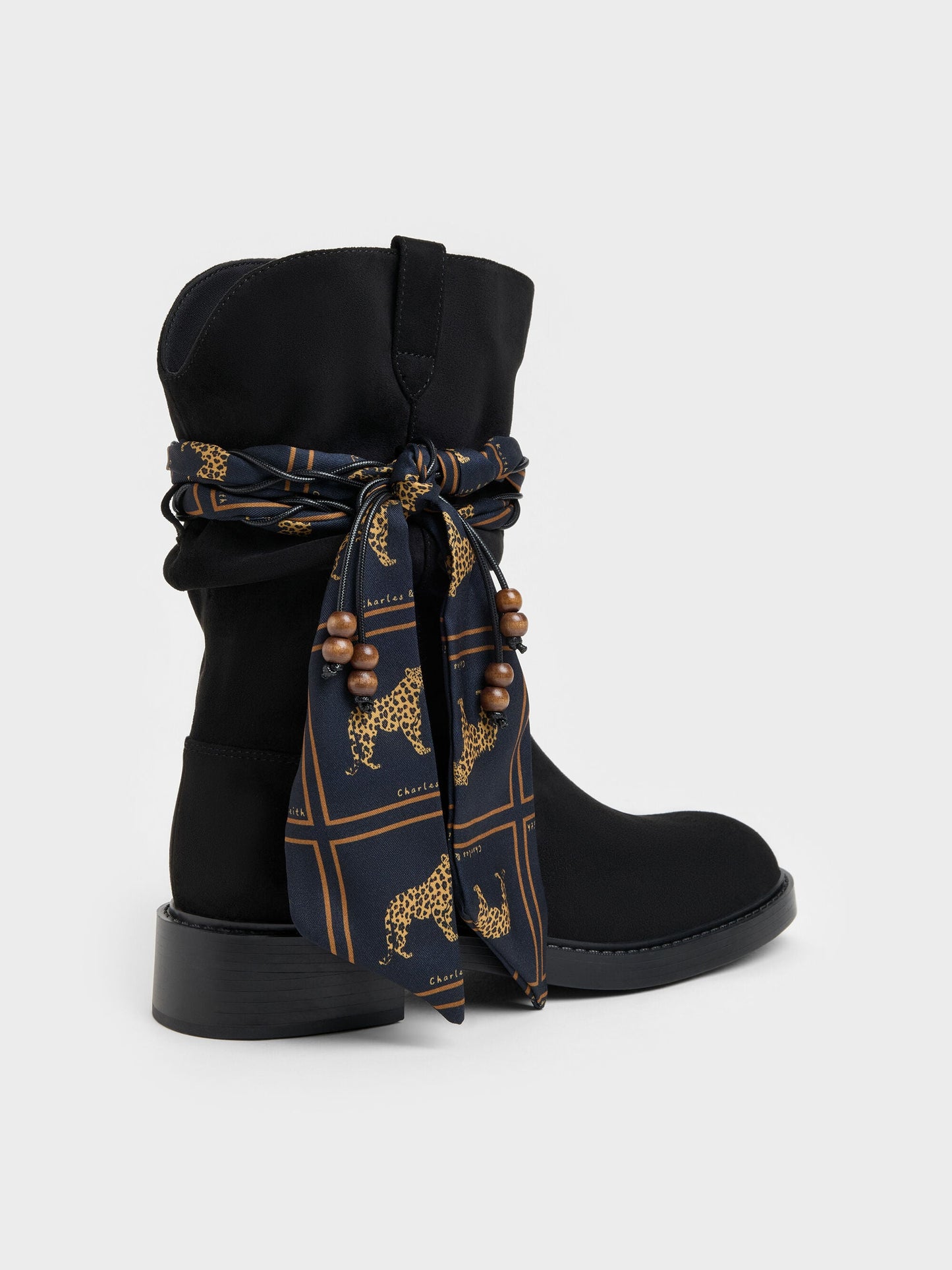 Faux Suede Printed-Scarf Calf Boots - Black Textured | CHARLES & KEITH