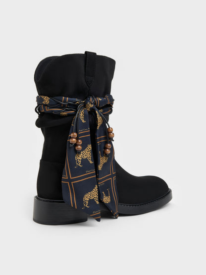 Faux Suede Printed-Scarf Calf Boots - Black Textured | CHARLES & KEITH