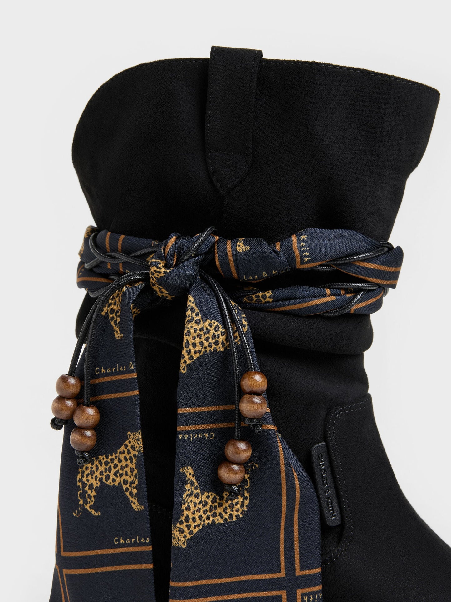 Faux Suede Printed-Scarf Calf Boots - Black Textured | CHARLES & KEITH
