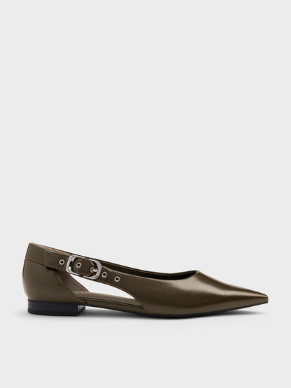 Buckled Cut-Out Ballet Flats - Olive | CHARLES & KEITH