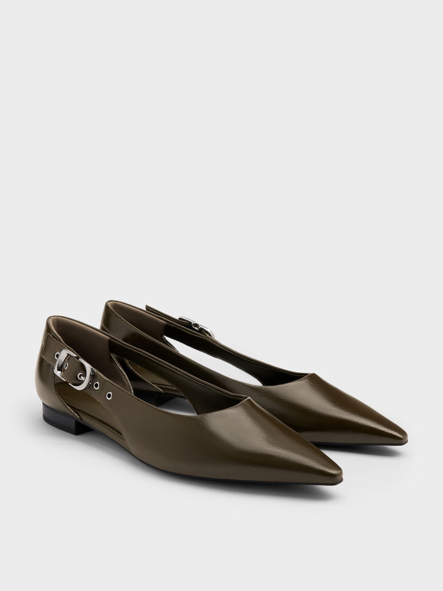 Buckled Cut-Out Ballet Flats - Olive | CHARLES & KEITH