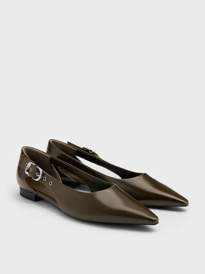 Buckled Cut-Out Ballet Flats - Olive | CHARLES & KEITH