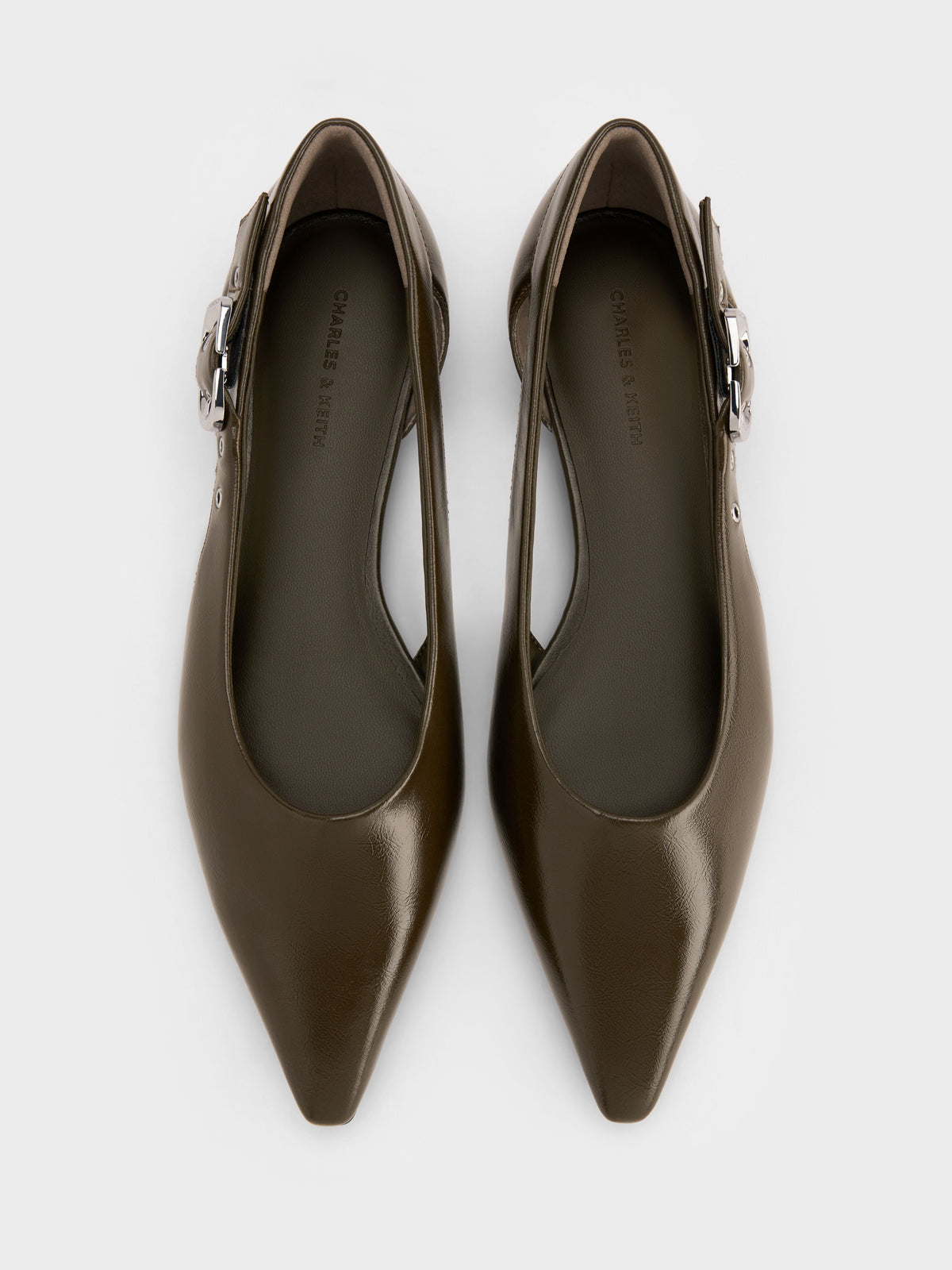 Buckled Cut-Out Ballet Flats - Olive | CHARLES & KEITH