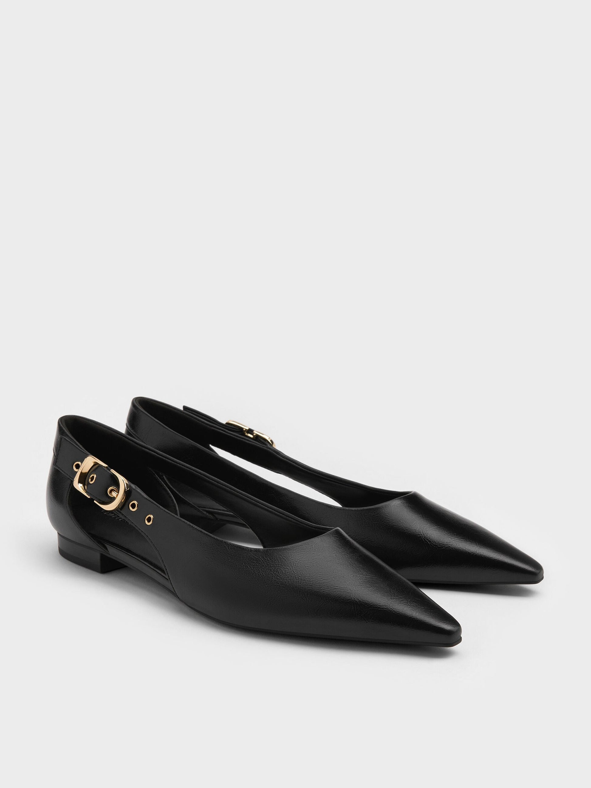 Buckled Cut-Out Ballet Flats - Black | CHARLES & KEITH