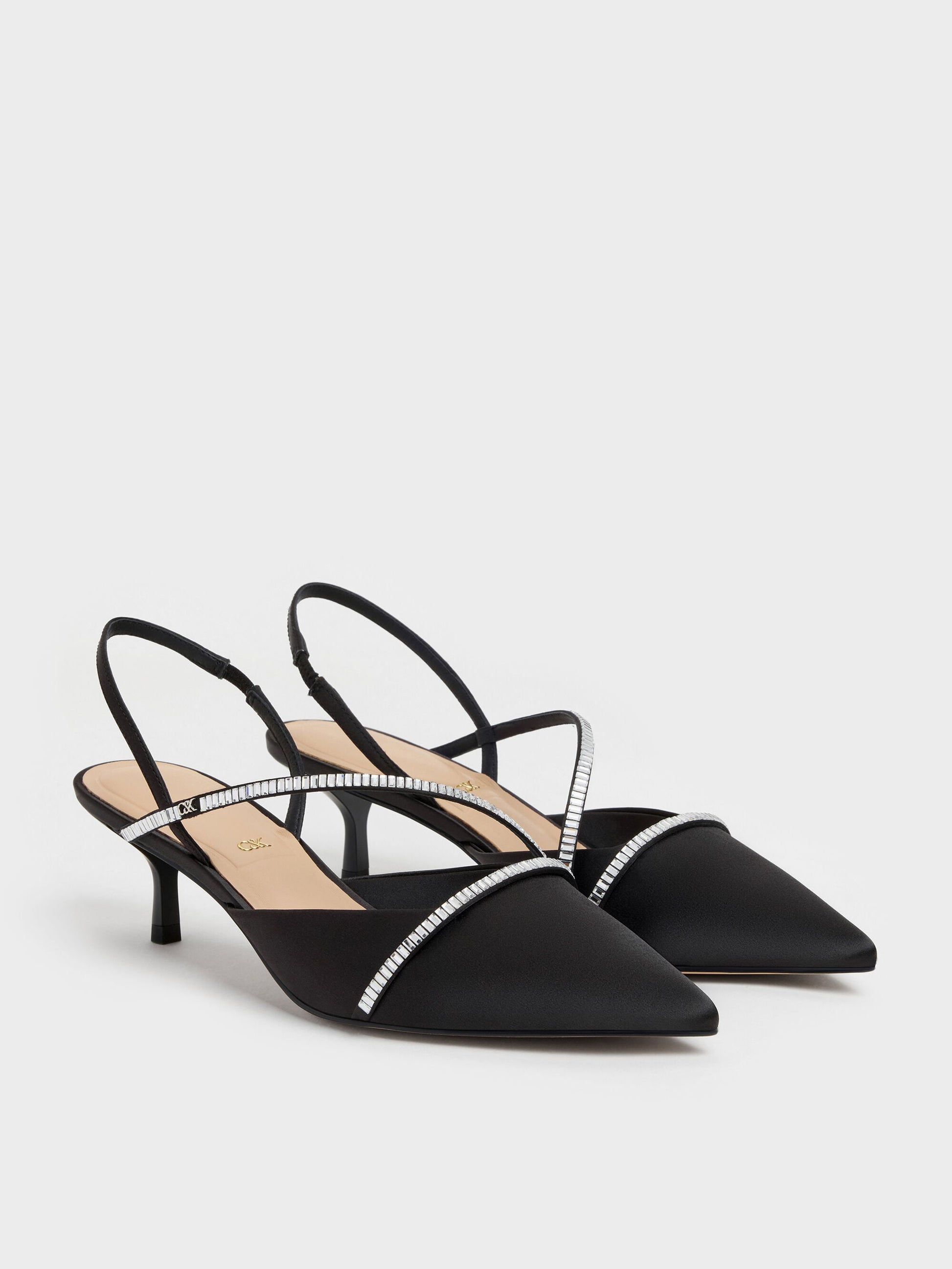 Gem Slingback Kitten Heels - Black Textured | CHARLES & KEITH