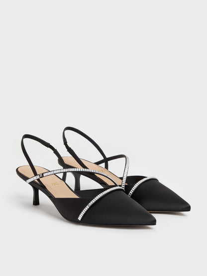 Gem Slingback Kitten Heels - Black Textured | CHARLES & KEITH
