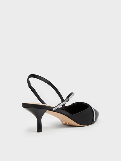 Gem Slingback Kitten Heels - Black Textured | CHARLES & KEITH