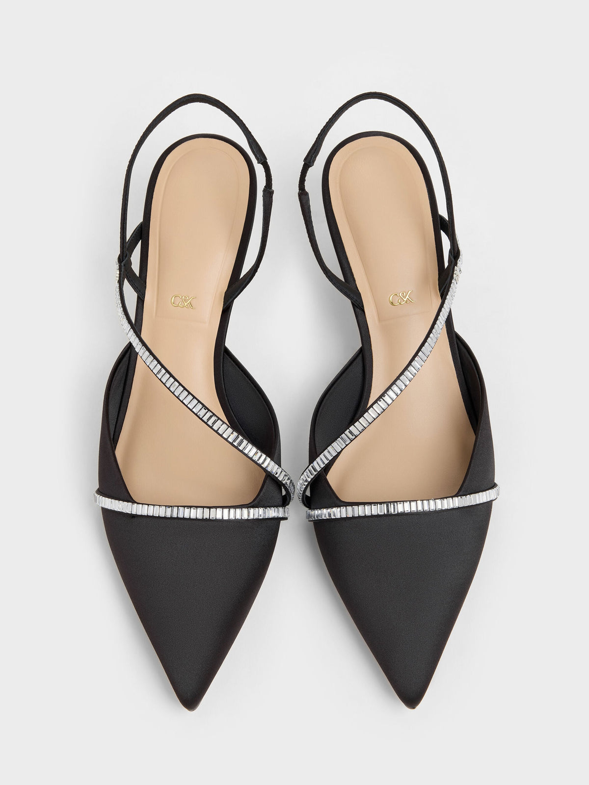 Gem Slingback Kitten Heels - Black Textured | CHARLES & KEITH
