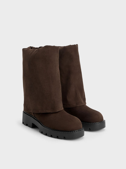 Camilla Faux Suede Thigh-High Boots - Dark Brown Textured | CHARLES & KEITH