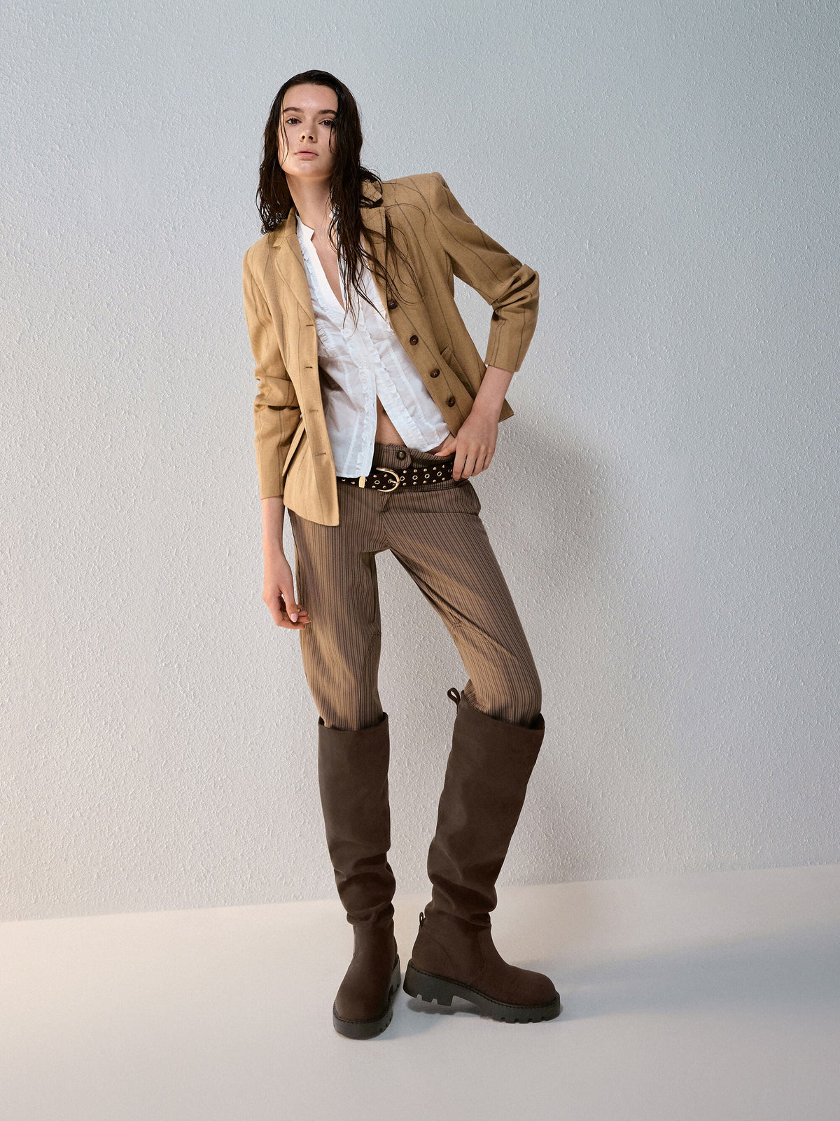 Camilla Faux Suede Thigh-High Boots - Dark Brown Textured | CHARLES & KEITH